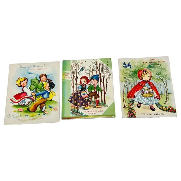 Vintage Get Well Storybook Greeting Cards Mulberry Red Riding Hansel 1940s - Picture 1 of 10